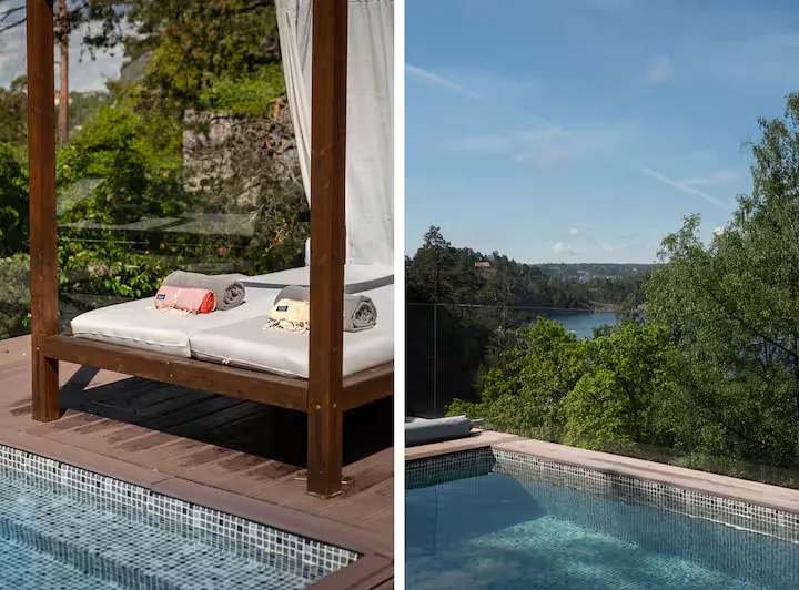 Pooldeck & Tagesbett in der Villa Bianca auf Älgö bei Stockholm