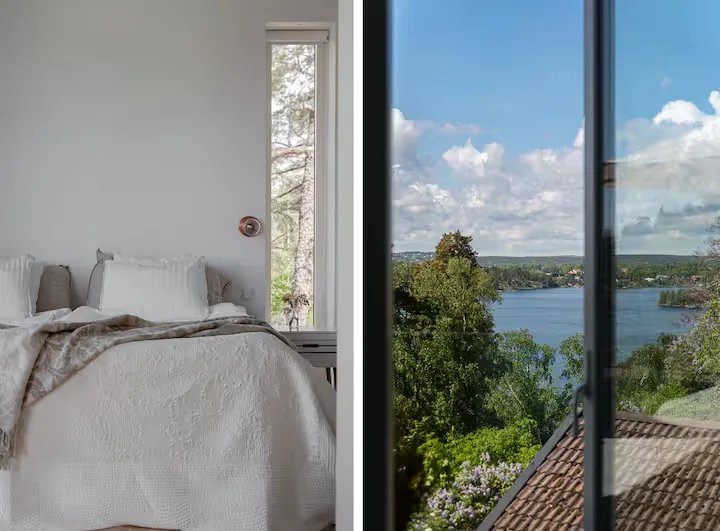Schlafzimmer & Meerblick in der Villa Bianca auf Älgö bei Stockholm